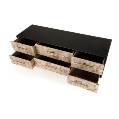 Meuble noir TV 6 tiroirs en sapin marqueté pieds métal doré