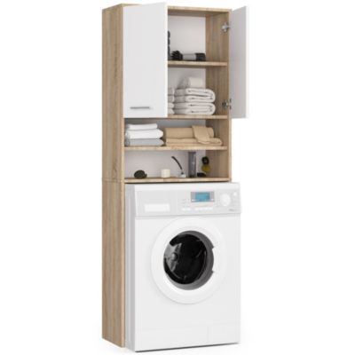 Meuble pour machine à laver AKORD FIN Chêne Sonoma 64 cm 2 portes façade Blanche 4 étagères 64x30x180 cm