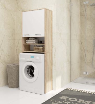 Meuble pour machine à laver AKORD FIN Chêne Sonoma 64 cm 2 portes façade Blanche 4 étagères 64x30x180 cm