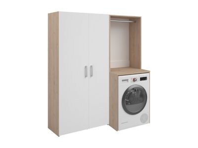 Meuble pour machine à laver avec penderie et colonne double porte - Naturel clair et blanc - L156 x H184 - ERKANO