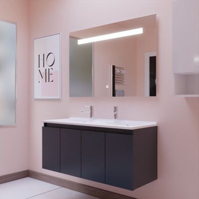Meuble PROLINE 120 cm avec plan double vasque et miroir Elégance ht80- Gris- Plan vasque en Résine