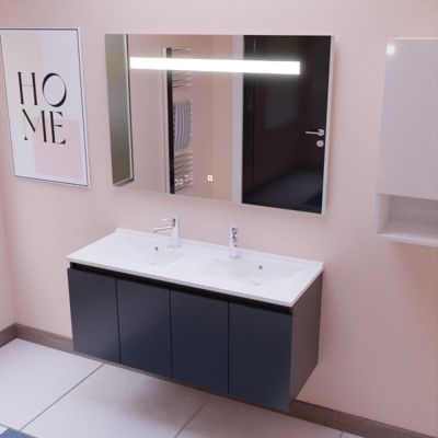 Meuble PROLINE 120 cm avec plan double vasque et miroir Elégance ht80- Gris- Plan vasque en Résine