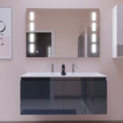 Meuble PROLINE 120 cm avec plan double vasque et miroir Prestige- Gris- Plan vasque en Résine