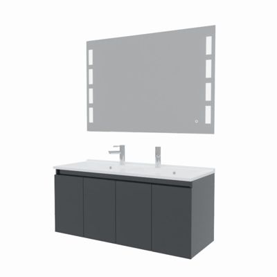 Meuble PROLINE 120 cm avec plan double vasque et miroir Prestige- Gris- Plan vasque en Résine