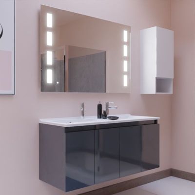 Meuble PROLINE 120 cm avec plan double vasque et miroir Prestige- Gris- Plan vasque en Résine