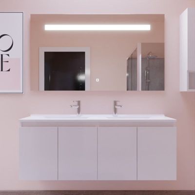 Meuble PROLINE 140 cm avec plan double vasque et miroir ELEG PLUS ht80- Blanc  - vasque en résine