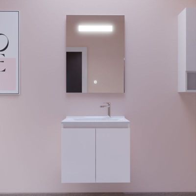 Meuble PROLINE 60 cm avec plan vasque et miroir Elégance ht80- Blanc- Plan vasque en Résine