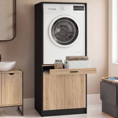 Meuble réhausseur machine à laver ou sèche-linge WALLIS plateau coulissant pour panier à linge et placard noir et bois