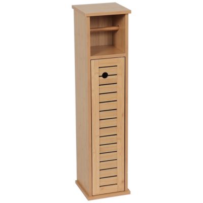 TENDANCE Meuble Colonne Réserve Papier Toilette + Dérouleur 1 Porte 1 Étagère - Bambou Naturel - H 75 Cm