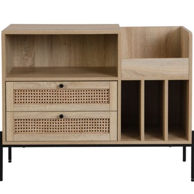 Meuble range vinyles 2 tiroirs en cannage naturel et effet chêne 90 cm - Iris