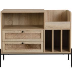 Meuble range vinyles 2 tiroirs en cannage naturel et effet chêne 90 cm - Iris