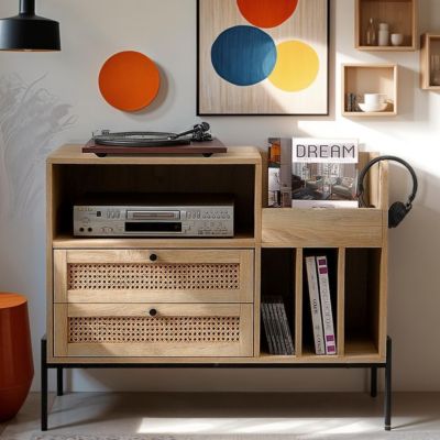 Meuble range vinyles 2 tiroirs en cannage naturel et effet chêne 90 cm - Iris