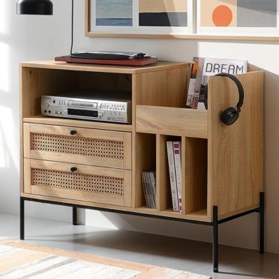 Meuble range vinyles 2 tiroirs en cannage naturel et effet chêne 90 cm - Iris