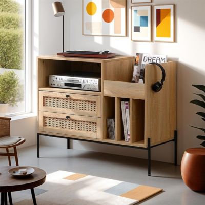 Meuble range vinyles 2 tiroirs en cannage naturel et effet chêne 90 cm - Iris