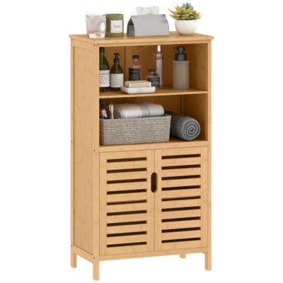 Meuble rangement bas salle de bain bambou style naturel 2 portes avec étagère 2 niches bambou