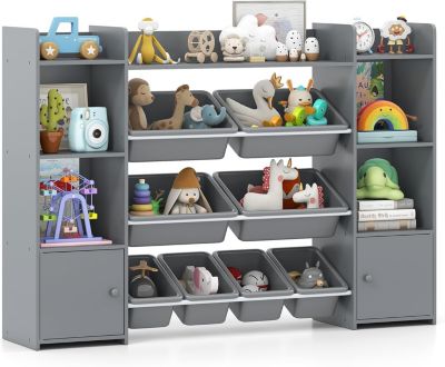 Meuble Rangement Jouets Gris à 8 Bacs Plastiques Amovibles, Armoire Portes Et étagères Ouvertes