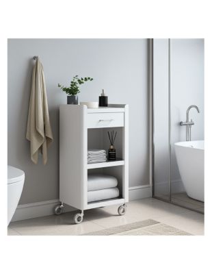 Meuble rangement salle de bain, cuisine, bureau. Étagère avec tiroir. Style Scandinave, 42 x 31 x 82 cm., blanc inox, THELMA