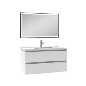 Meuble Salle de Bain 100cm Blanc simple vasque et miroir lumineux 3 couleurs et dimmable