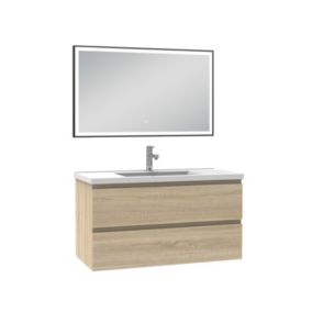 Meuble Salle de Bain 100cm Chêne Wotan simple vasque et miroir lumineux 3 couleurs et dimmable