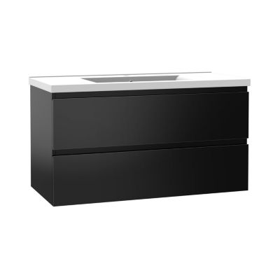 Meuble salle de bain 100cm noir brillant avec 2 tiroirs à fermeture automatique et simple lavabo céramique