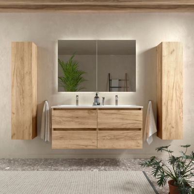 Meuble salle de bain - 120 cm - Plan double vasques céramique - Effet chêne brut - A suspendre - KARAIB
