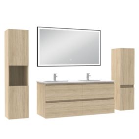 Meuble Salle de Bain 120cm avec colonne et miroir lumineux 3 couleurs Chêne Wotan