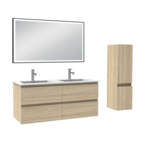 Meuble salle de Bain 120cm double vasque avec colonne et miroir 3 couleurs Chêne Wotan