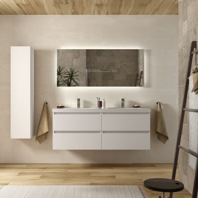 Meuble salle de bain - 140 cm - Plan double vasques charge minérale - Blanc mat - A suspendre - KARAIB