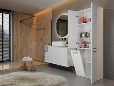 Meuble salle de bain, 174 x 30 x 60 cm, blanc mat, blanc brillant