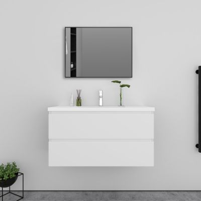 Meuble salle de bain 2 tiroirs avec lavabo et miroir encadré-Blanc l.100 x W.46 x H.52 cm