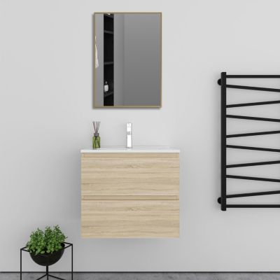 Meuble salle de bain 2 tiroirs avec lavabo et miroir encadré-Chêne l.60 x W.38.5 x H.52 cm