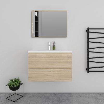 Meuble salle de bain 2 tiroirs avec lavabo et miroir encadré-Chêne l.80 x W.44.5 x H.52 cm
