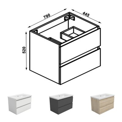 Meuble salle de bain 2 tiroirs avec lavabo et miroir encadré-Chêne l.80 x W.44.5 x H.52 cm