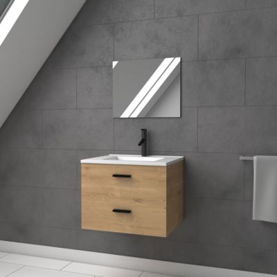 Meuble salle de bain 60 cm suspendu 2 tiroirs finition Bois avec vasque et miroir - BOX-IN 60 WOOD