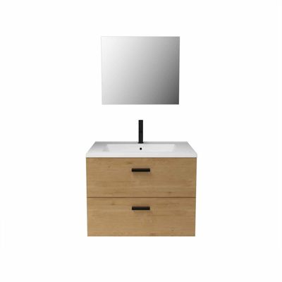 Meuble salle de bain 60 cm suspendu 2 tiroirs finition Bois avec vasque et miroir - BOX-IN 60 WOOD