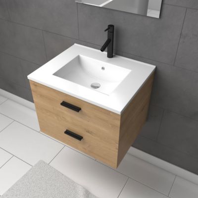 Meuble salle de bain 60 cm suspendu 2 tiroirs finition Bois avec vasque et miroir - BOX-IN 60 WOOD