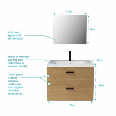 Meuble salle de bain 60 cm suspendu 2 tiroirs finition Bois avec vasque et miroir - BOX-IN 60 WOOD