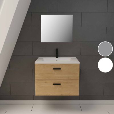 Meuble salle de bain 60 cm suspendu 2 tiroirs finition Bois avec vasque et miroir - BOX-IN 60 WOOD