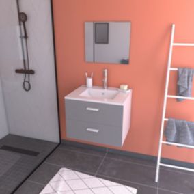 Meuble salle de bain 60 cm suspendu 2 tiroirs Gris avec vasque céramique et miroir