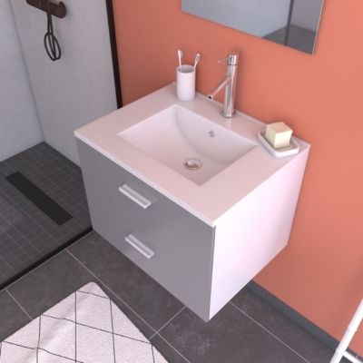 Meuble salle de bain 60 cm suspendu 2 tiroirs Gris avec vasque céramique et miroir