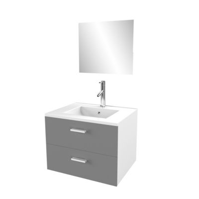 Meuble salle de bain 60 cm suspendu 2 tiroirs Gris avec vasque céramique et miroir