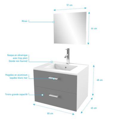 Meuble salle de bain 60 cm suspendu 2 tiroirs Gris avec vasque céramique et miroir