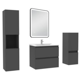 Meuble salle de Bain 60cm avec colonne + miroir mural lumineux 3 couleurs Anthracite