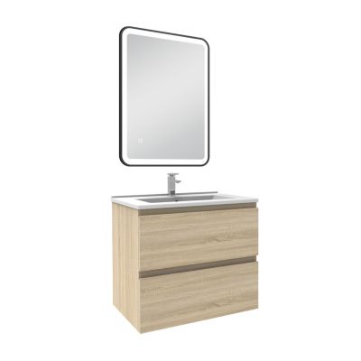 Ensemble Meuble Salle De Bain 120 Cm Avec Vasque, Colonne Et Miroir Lumineux - Couleur Chêne Wotan, MDF