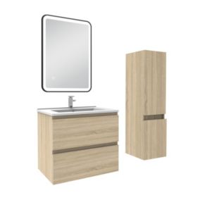 Meuble salle de Bain 60cm simple vasque avec colonne + miroir 3 couleurs Chêne Wotan