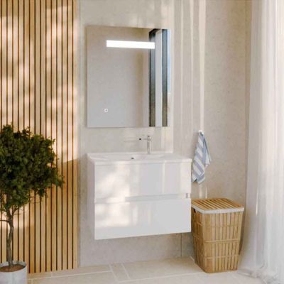 Meuble salle de bain 70 cm ROSALY avec plan vasque et miroir Elégance ht80- Blanc- Plan vasque en Résine