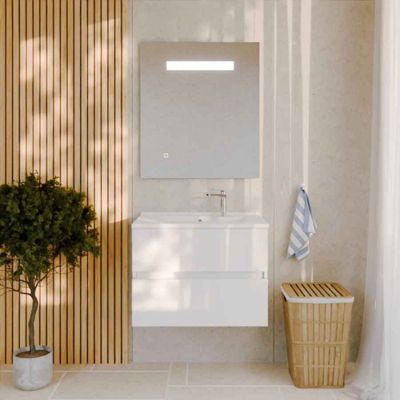 Meuble salle de bain 70 cm ROSALY avec plan vasque et miroir Elégance ht80- Blanc- Plan vasque en Résine