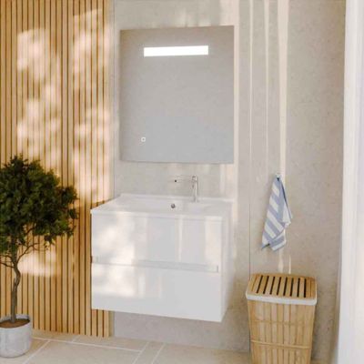 Meuble salle de bain 70 cm ROSALY avec plan vasque et miroir Elégance ht80- Blanc- Plan vasque en Résine