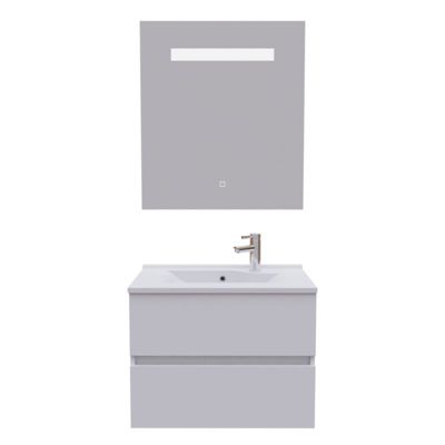 Meuble salle de bain 70 cm ROSALY avec plan vasque et miroir Elégance ht80- Blanc- Plan vasque en Résine