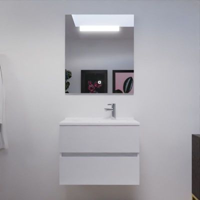 Meuble salle de bain 70 cm ROSALY avec plan vasque et miroir Elégance ht80- Blanc- Plan vasque en Résine